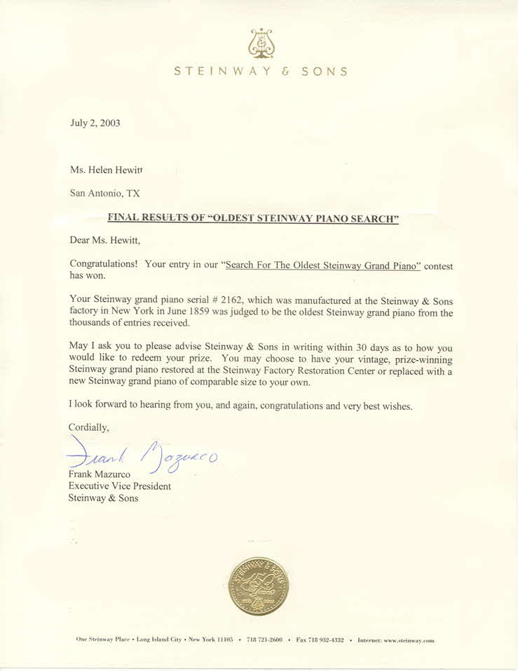Letter Steinway 2162 Winner of Oldest Steinway Grand Prize